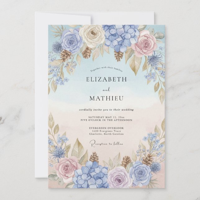 Periwinkle Blush Petal Wedding Invitation (Front)