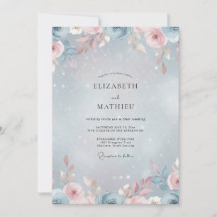 Periwinkle Blush Pink Rose Wedding Invitation