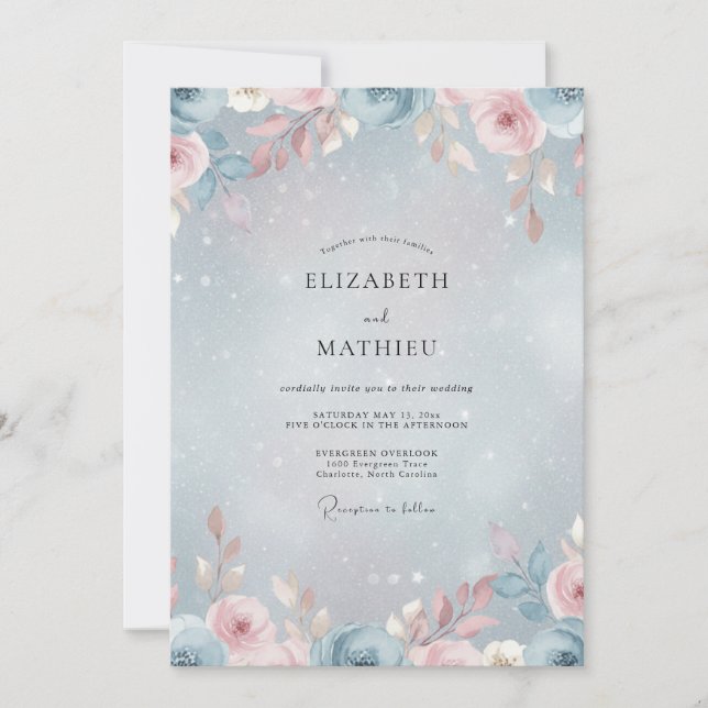 Periwinkle Blush Pink Rose Wedding Invitation (Front)