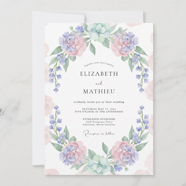 Periwinkle Blush Pink Wreath Wedding Invitation (Front)