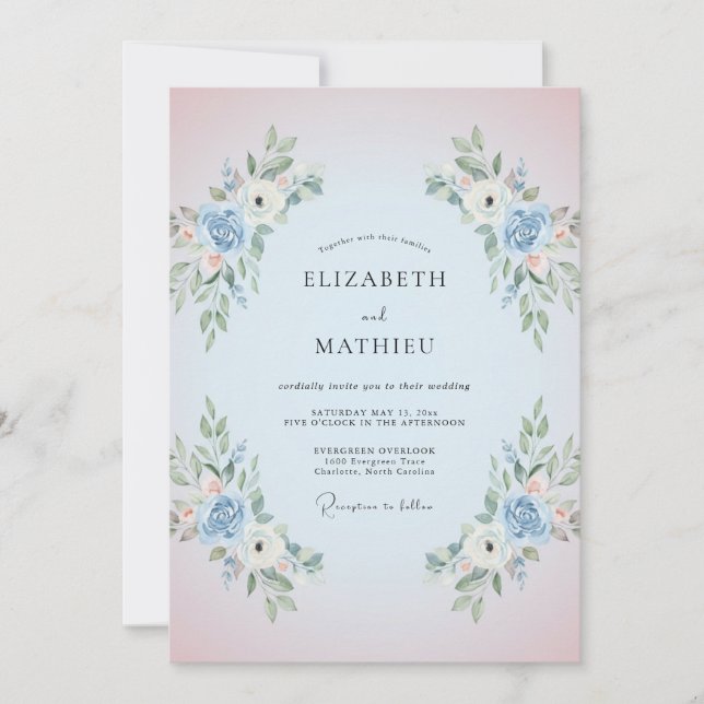 Periwinkle Blush Ranunculus Eucalyptus Wedding Invitation (Front)