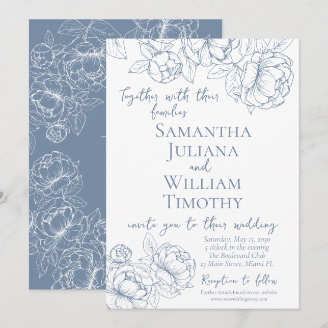 Periwinkle Botanical Floral Elegant Modern Wedding Invitation (Front/Back)