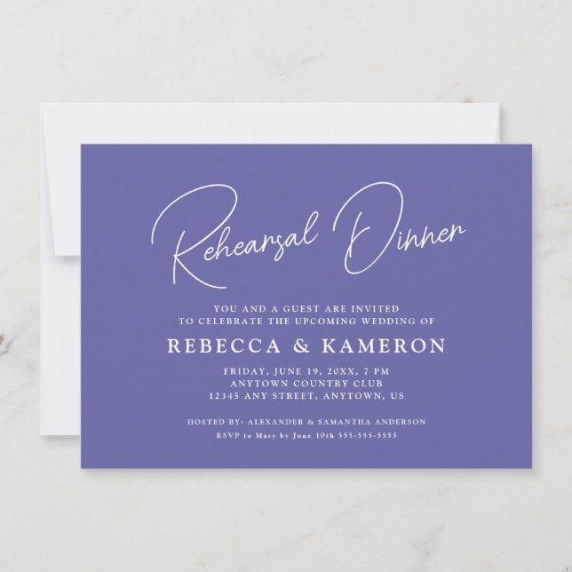 Periwinkle Budget Script Rehearsal Dinner Invitation (Front)