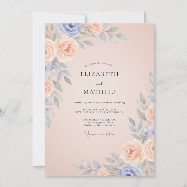 Periwinkle Champagne Peony Wedding Invitation (Front)