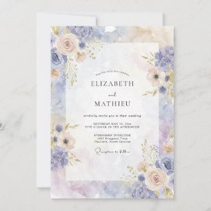 Periwinkle Champagne Ranunculus Eucalyptus Wedding Invitation