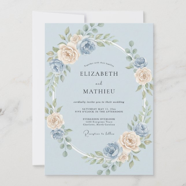 Periwinkle Champagne Rose Wedding Invitation (Front)