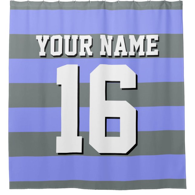 Periwinkle Charcoal Sports Jersey Preppy Stripe Shower Curtain (Front)