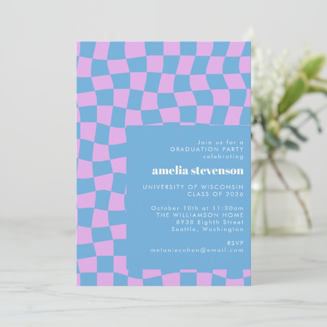 Periwinkle Chequerboard Graduation Party Photo Invitation (Standing Front)
