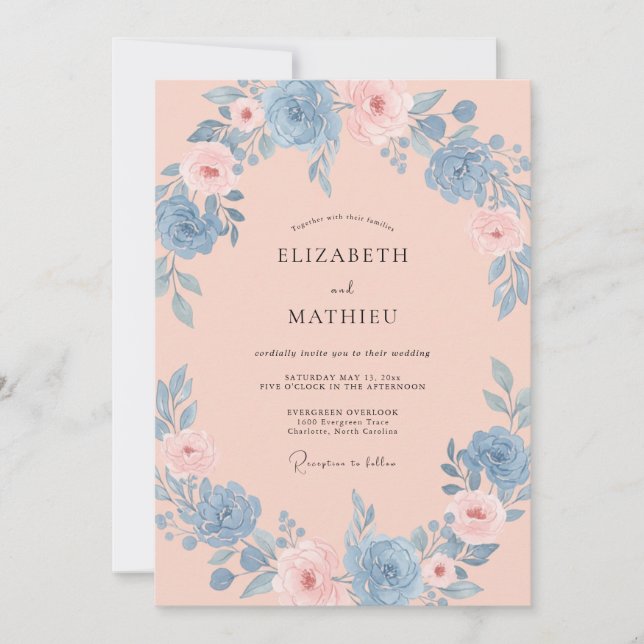 Periwinkle Coral Peony Wedding Invitation (Front)