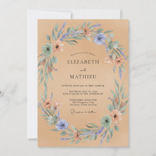 Periwinkle Dusty Peach Wreath Wedding Invitation