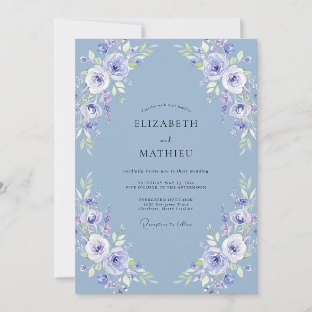 Periwinkle Ethereal Botanical Watercolor Wedding Invitation (Front)