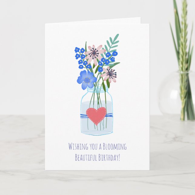 Periwinkle Floral Bloom Masons Jar Birthday Card (Front)