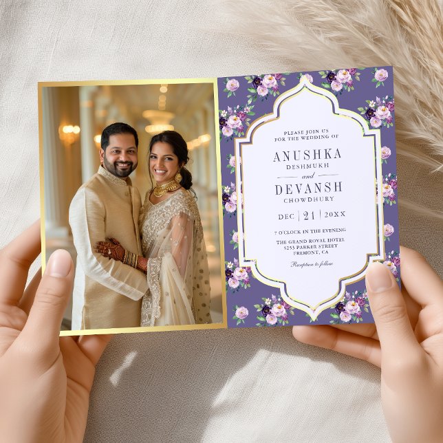 Periwinkle Floral Pattern QR Code Indian Wedding Invitation (Creator Uploaded)