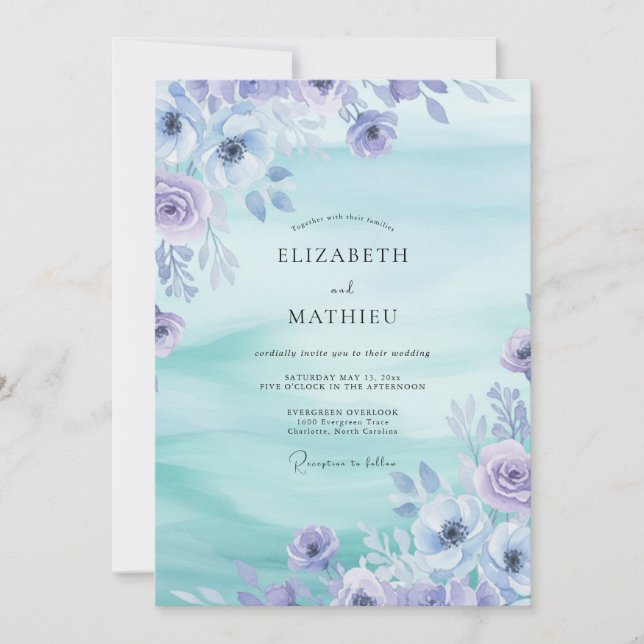 Periwinkle Floral Watercolor Wedding Invitation (Front)