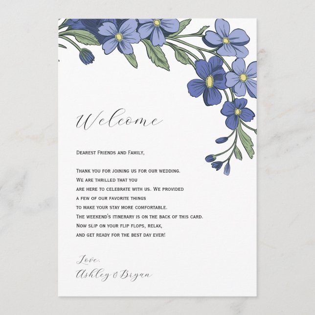 Periwinkle Floral Wedding Welcome Letter Itinerary Programme (Front)