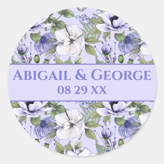 Periwinkle Florals Purple Wedding Favour Classic Round Sticker (Front)