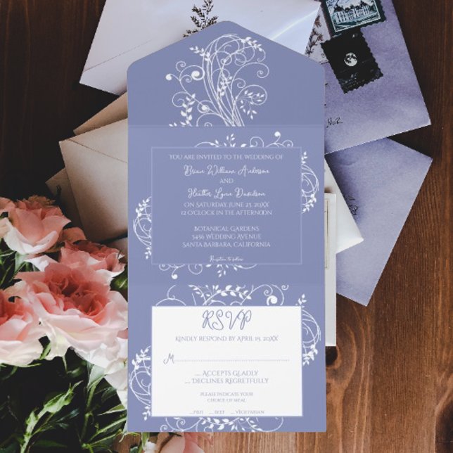 Periwinkle Flourish Wedding All In One Invitation (Periwinkle Flourish All in One Wedding Invite)