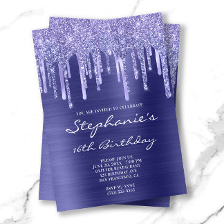 Periwinkle Foil and Glitter Drip 16th Birthday Invitation