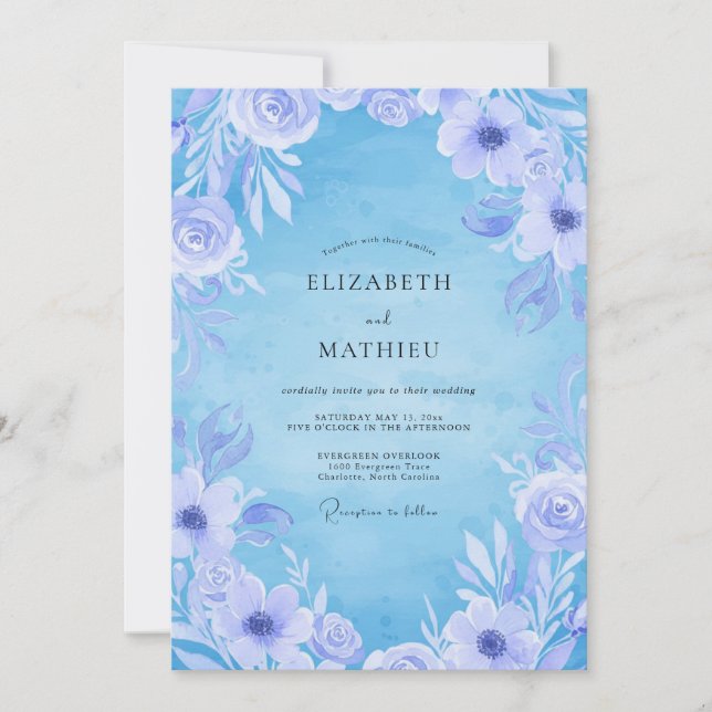 Periwinkle Frost Ranunculus Eucalyptus Wedding Invitation (Front)