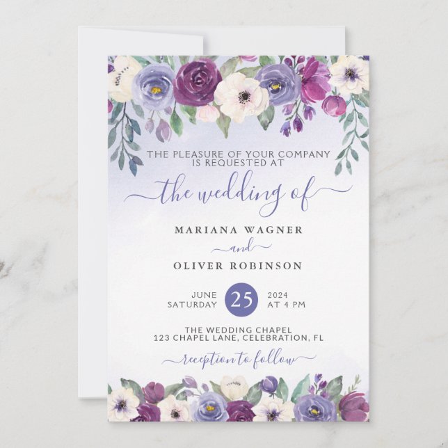 Periwinkle Fuchsia Blush Watercolor Floral Wedding Invitation (Front)