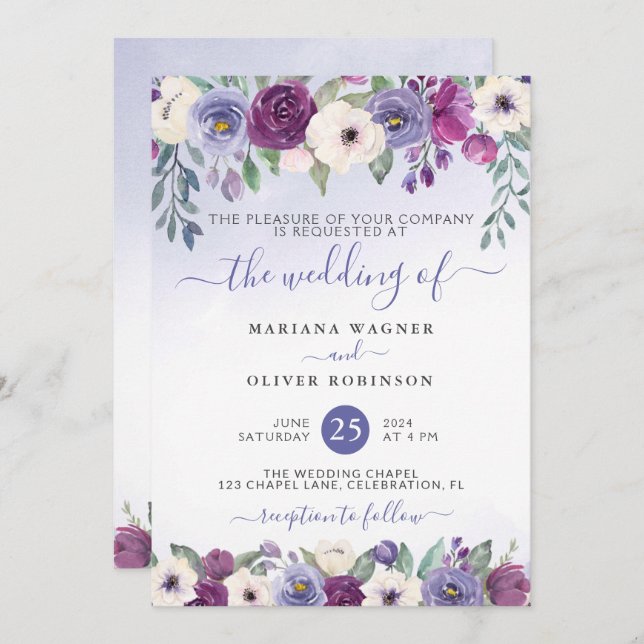 Periwinkle Fuchsia Blush Watercolor Floral Wedding Invitation (Front/Back)