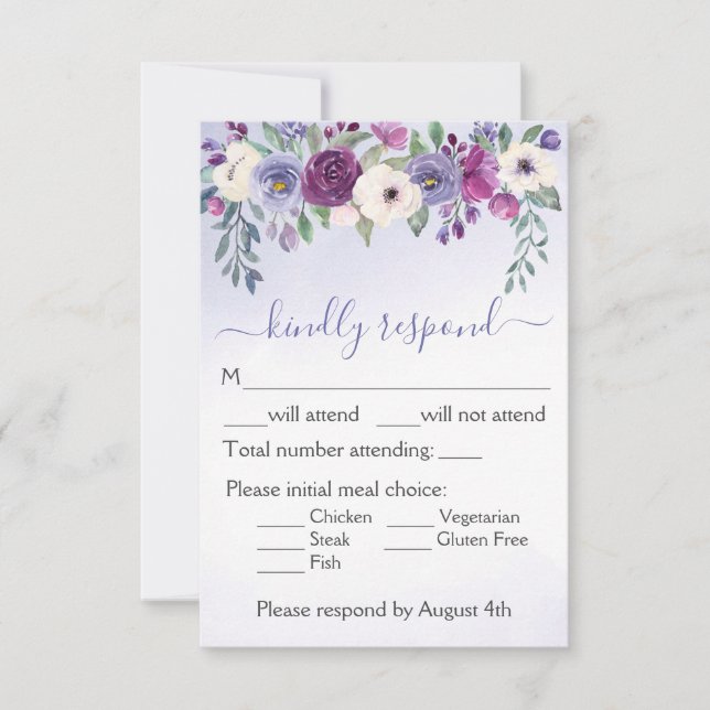 Periwinkle Fuchsia Blush Watercolor Floral Wedding RSVP Card (Front)