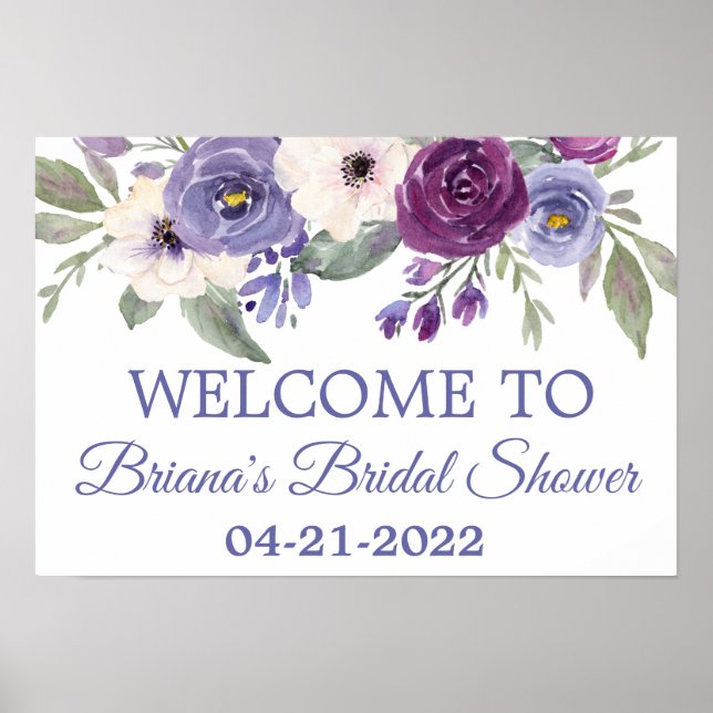 Periwinkle Fuchsia Bridal Shower Floral Welcome Poster (Front)