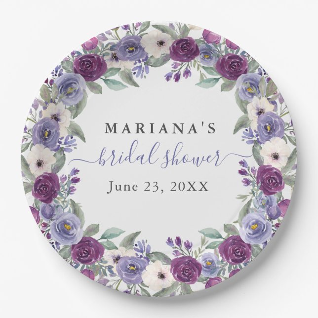 Periwinkle Fuchsia Watercolor Floral Bridal Shower Paper Plate (Front)