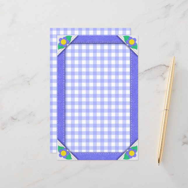 Periwinkle Gingham Checks Pretty Stationery Paper (Front/Back In Situ)