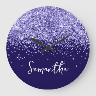 Periwinkle Glitter Dark Blue Script Name Large Clock