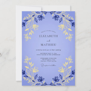 Periwinkle Gold Foliage Grey Eucalyptus Wedding Invitation