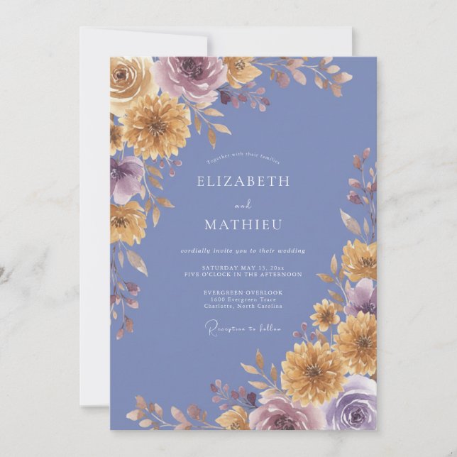 Periwinkle Gold Petal Wedding Invitation (Front)