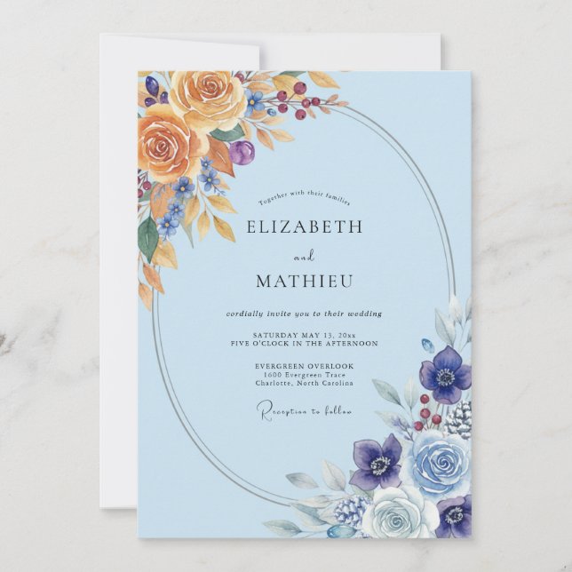 Periwinkle Gold Ranunculus Sage Wedding Invitation (Front)