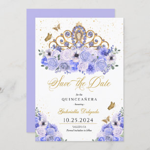 Periwinkle & Gold Tiara Save The Date Quinceañera Invitation