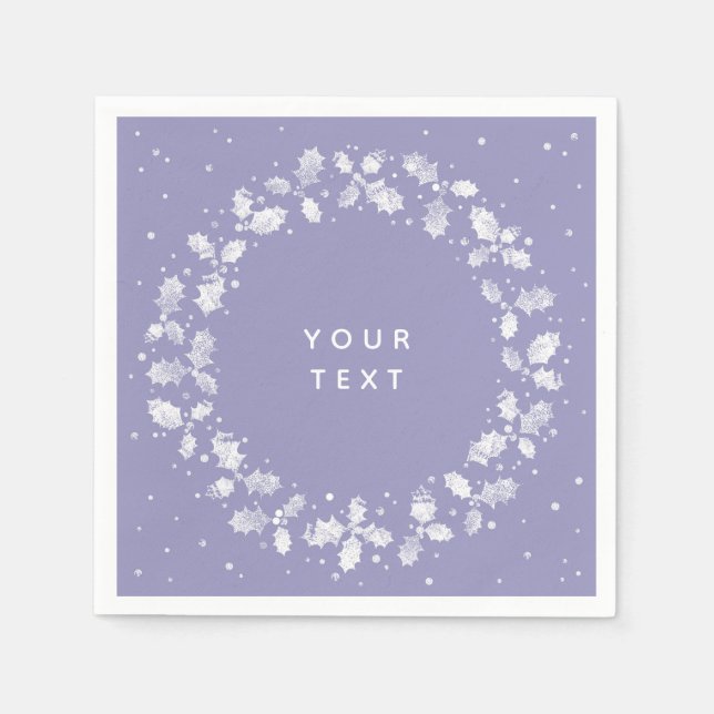 Periwinkle Hand Printed Holly Wreath Christmas Napkin (Front)