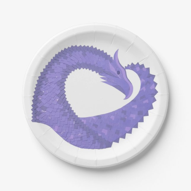 Periwinkle heart dragon on white paper plate (Front)