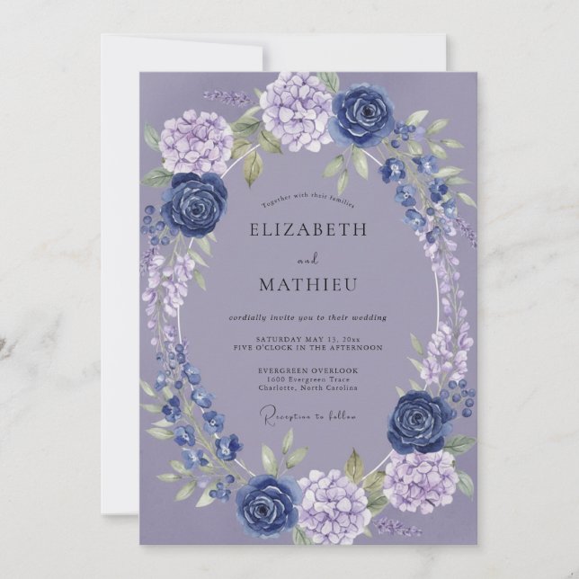 Periwinkle Hydrangea Wreath Wedding Invitation (Front)