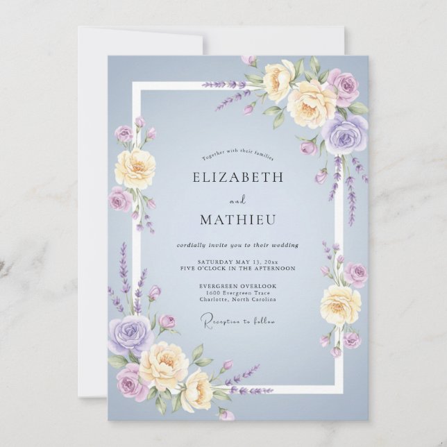 Periwinkle Ivory Cream Peony Wedding Invitation (Front)