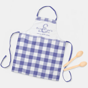 Periwinkle Kitchen Monogram Name Gingham Check Apron