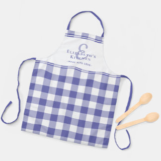 Periwinkle Kitchen Monogram Name Gingham Check Apron