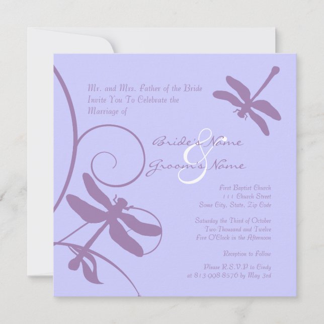 Periwinkle &Lavender Dragonfly Wedding Invitation (Front)