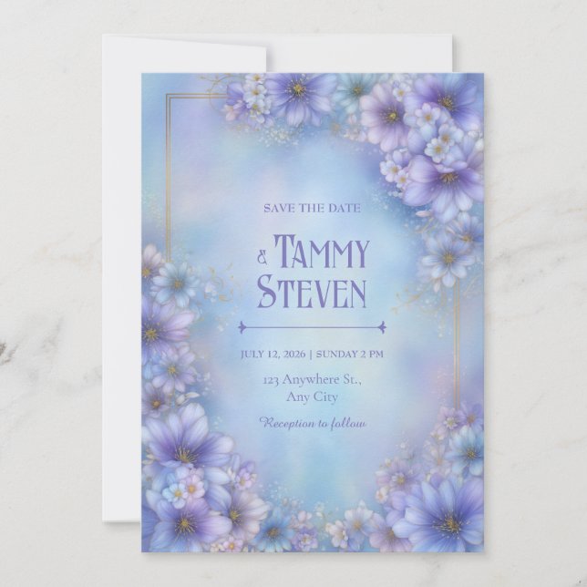 Periwinkle Lavender Ethereal Floral Frame Wedding Invitation (Front)