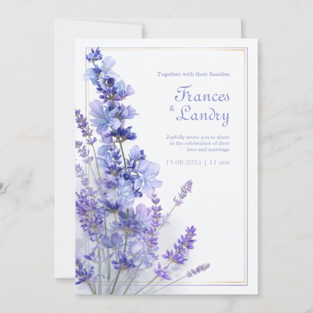 Periwinkle Lavender Gold Filigree Frame Wedding Invitation (Front)