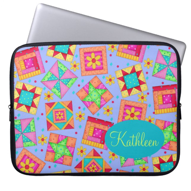 Periwinkle Lavender Quilt Patchwork Blocks Art Laptop Sleeve (Front)