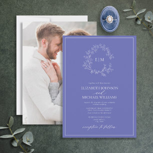Periwinkle Leafy Crest Monogram Photo Wedding Invitation