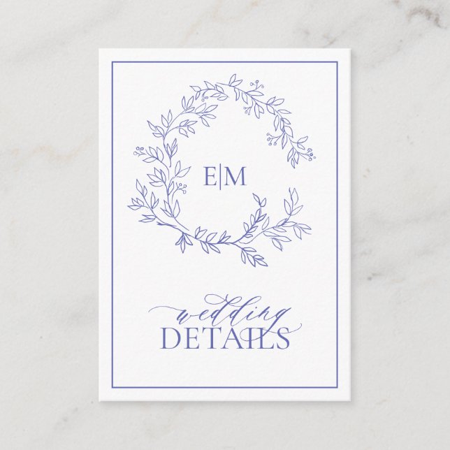 Periwinkle Leafy Crest Monogram Wedding Details Enclosure Card (Front)