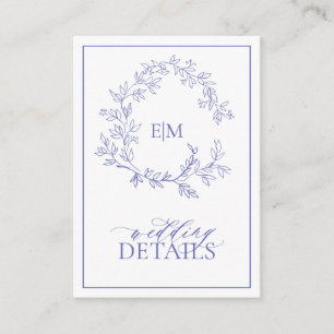 Periwinkle Leafy Crest Monogram Wedding Details Enclosure Card