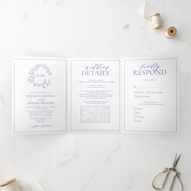 Periwinkle Leafy Crest Monogram Wedding Tri-Fold Invitation (Inside)