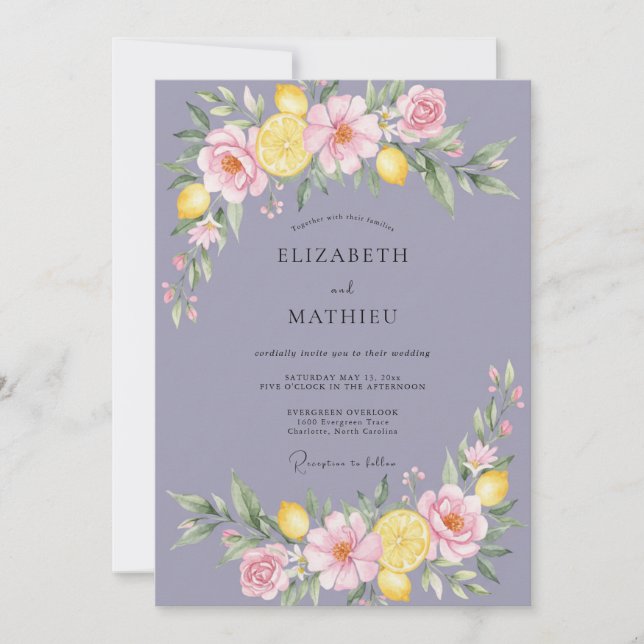 Periwinkle Lemon Painted Wedding Invitation (Front)