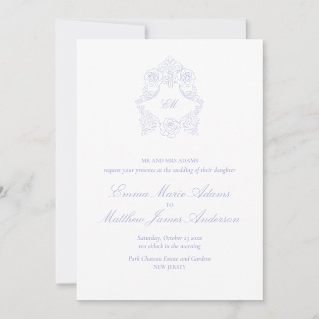 Periwinkle Lilac Crest Monogram Vintage Wedding Invitation (Front)